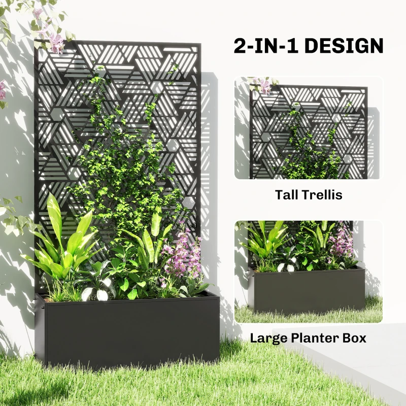 Outsunny Metal Planter Box with Trellis, 44.5" Tall Raised Garden Bed with Privacy Screen, Hexagon and Line Cut-Out