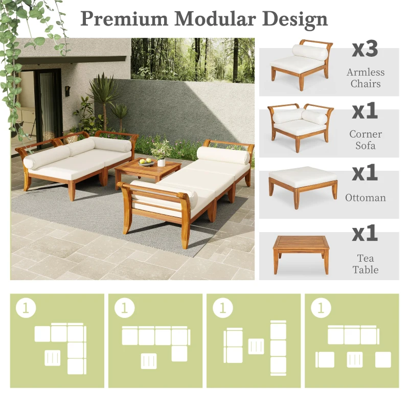 6 Piece Patio Sofa Set with Tea Table & Ottoman for Garden, Modular Sectional with 5 Thick Cushion, 30" L x 27.5" W x 16" H, Teak+Beige