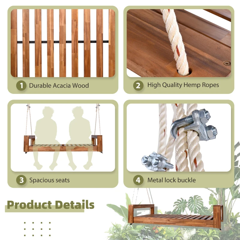 Acacia Wood Porch Swing Bed with Hemp Ropes for Patio, Twin Size Hanging Daybed with 400LBS Capacity, 86" L x 41.5" W x 17.5" H, Natural