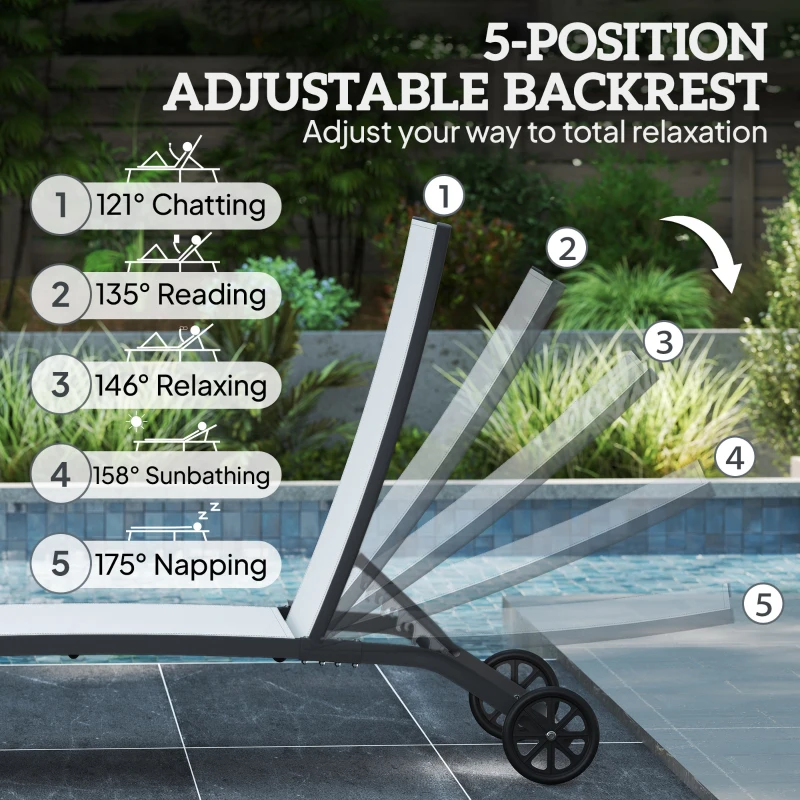 Outsunny Outdoor Lounge Chair Set of 2, Tanning Chair with Wheels, Breathable Mesh for Patio, Backyard, Poolside, Cream White