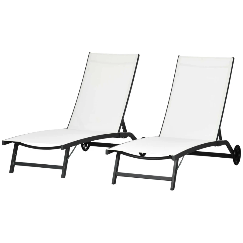 Outsunny Outdoor Lounge Chair Set of 2, Tanning Chair with Wheels, Breathable Mesh for Patio, Backyard, Poolside, Cream White