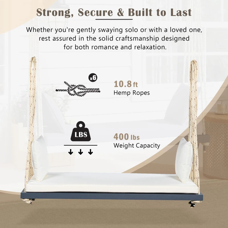 Acacia Wood Porch Swing with Cushion & 2 Pillow for Garden, Hanging Patio Bench with Durable Hemp Rope, 63" L x 23.5" W x 2" H, Gray