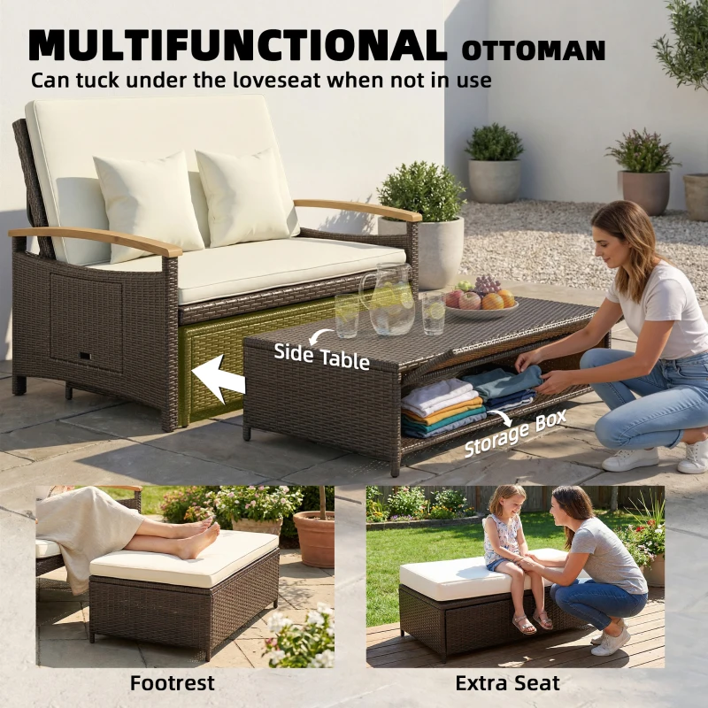 Outsunny Rattan Outdoor Daybed w/4-Level Adjustable Backrest, Patio Sofa Bed w/Storage Ottoman, Acacia Wood Armrest, Beige