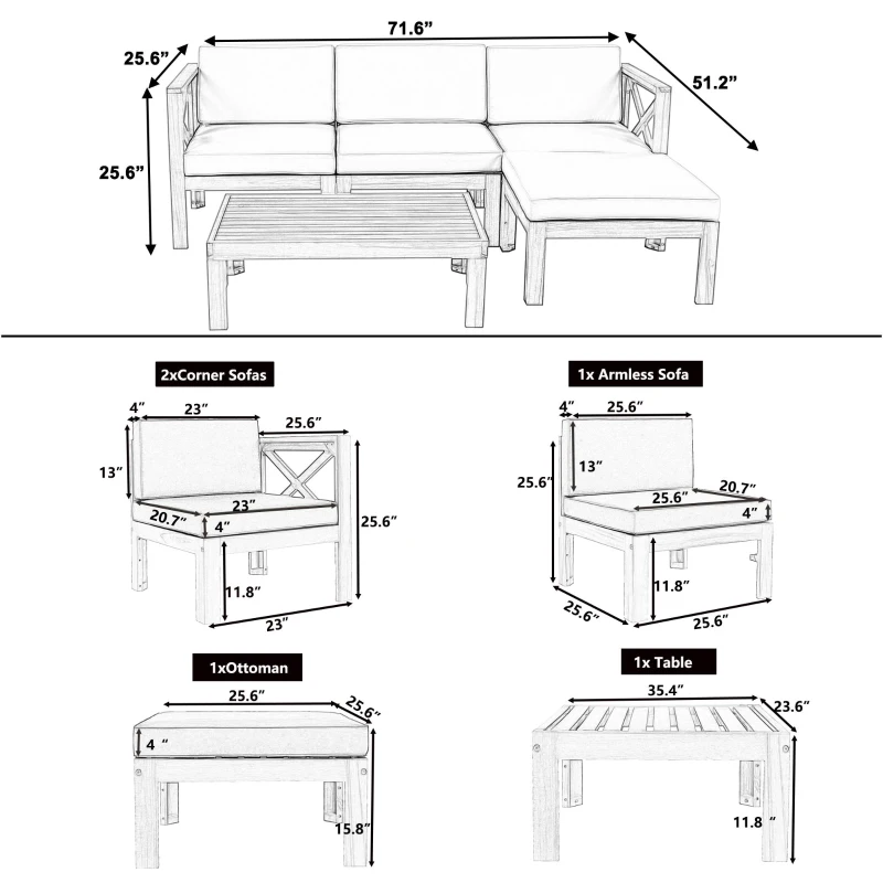 Casual Outdoor Sectional Sofa with Wood Frame & Cushions, Patio Seating Group for Backyard, 25.5" L x 25.5" W x 25.5" H, Natural+Gray