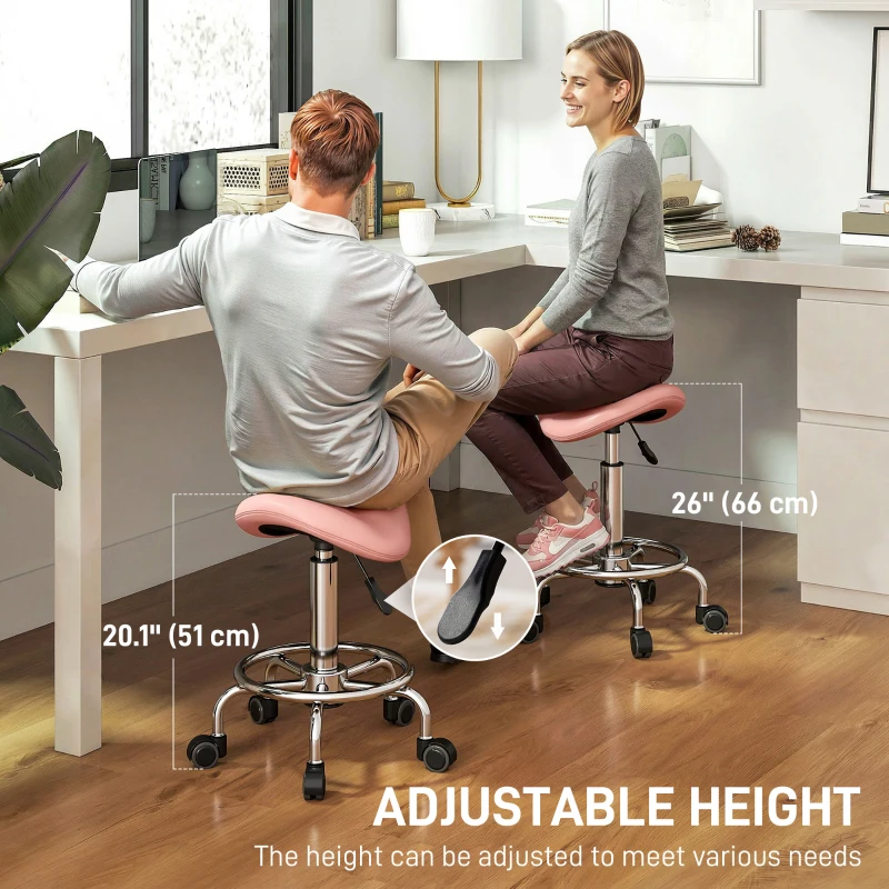 HOMCOM Saddle Stool, PU Leather Adjustable Rolling Salon Chair, Pink