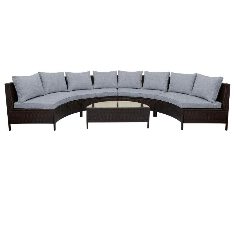 5 Piece Half-Moon Patio Sectional with Glass Table, All-Weather Wicker Sofa with Thick Cushions, 47.5" L x 27" W x 27" H, Grey