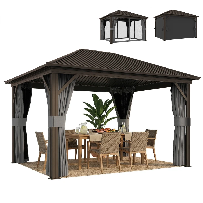 Outsunny 10' x 12' Outdoor Hardtop Gazebo Metal Roof Patio Gazebo with Aluminum Frame, Mesh Nettings, Dark Grey