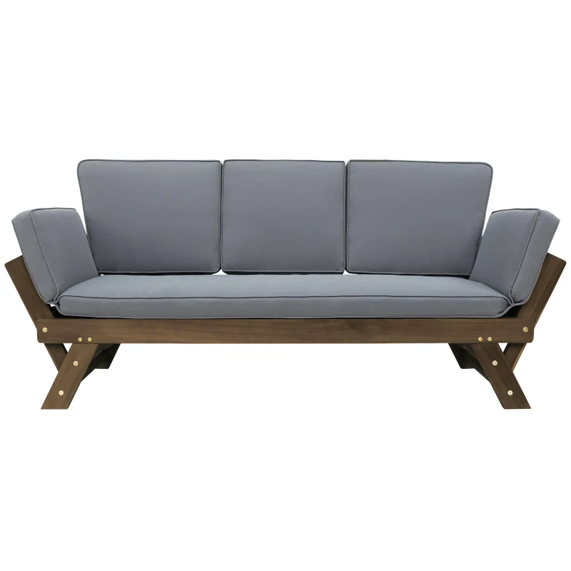 Expandable Acacia Wood Daybed with Cushions, Adjustable Patio Chaise Lounge for Compact Space, 78.5" L x 21.5" W x 32" H, Gray