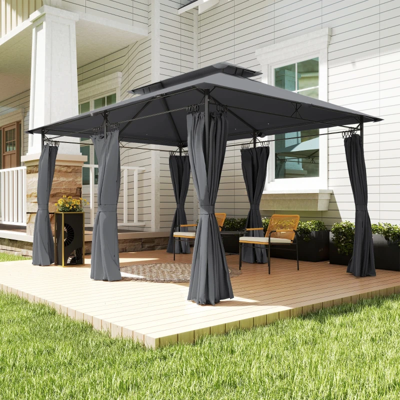 Outsunny 10' x 13' Double Roof Patio Gazebo, Outdoor Gazebo with Curtains, for Garden, Lawn, Backyard and Deck, Grey