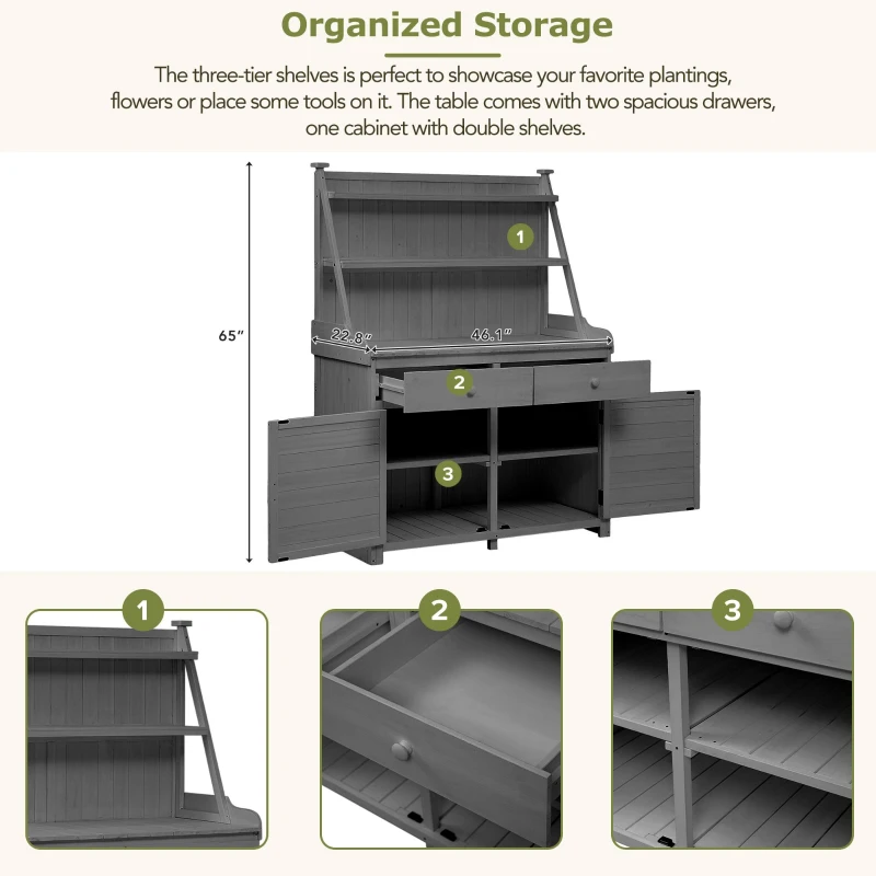 Fir Wood Potting Bench with Drawer & Cabinet for Garden, Outdoor Garden Workstation with Three-Tier Shelf, 47'' L x 23'' W x 65'' H, Gray