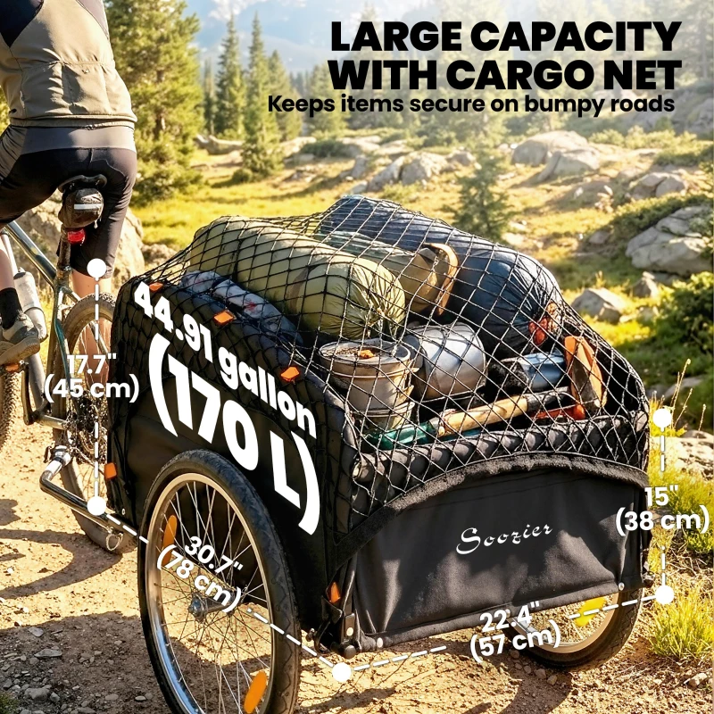 Soozier Bike Cargo Trailer, 45 Gal Bicycle Trailer Wagon Cart with Cargo Net, Quick Release 20" Wheels, Safe Reflectors