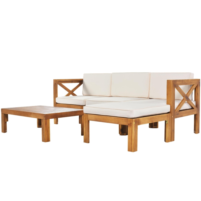Casual Outdoor Sectional Sofa with Wood Frame & Cushions, Patio Seating Group for Backyard, 25.5" L x 25.5" W x 25.5" H, Beige