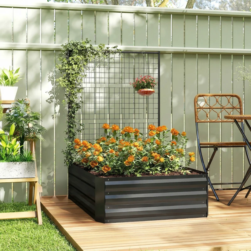 Outsunny Galvanized Raised Garden Bed with Trellis for Climbing Plants, Outdoor Planter Box with Open Bottom, Black