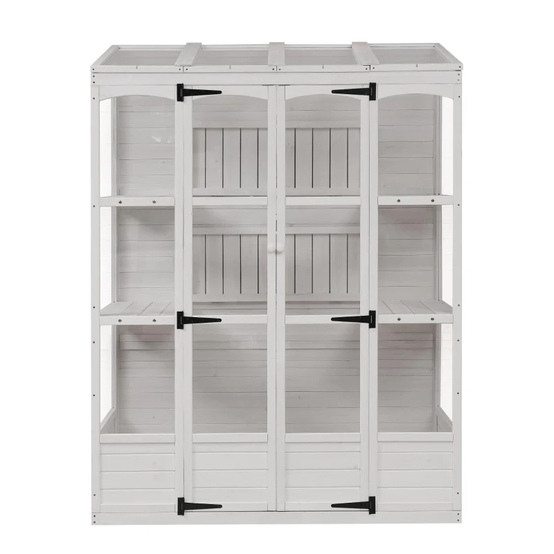 Walk-In Greenhouse with 4 Skylight & 2 Folding Shelf, Wood Cold Frame with Polycarbonate Panel for Garden, 58'' L x 29'' W x 78'' H, White