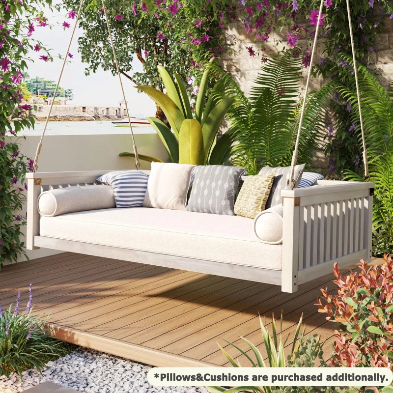 Minimalist Swing Bed with Safe Sloped Design for Backyard, Wooden Porch Swing with High Weight Capacity, 79" L x 41.5" W x 21" H, White