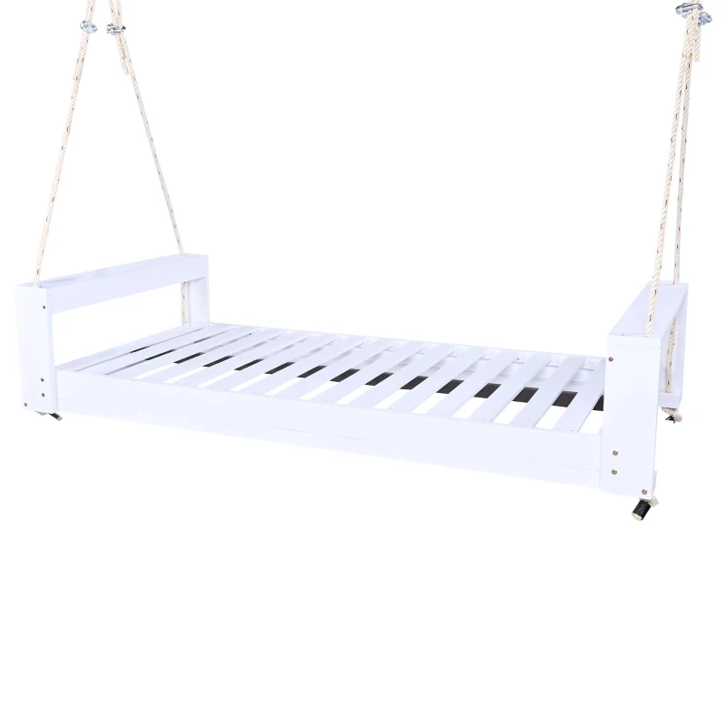 Twin Porch Swing Bed with Acacia Wood Frame & Hemp Ropes, Outdoor Hanging Daybed for Patio & Garden, 86'' L x 41.5'' W x 17.5'' H, White
