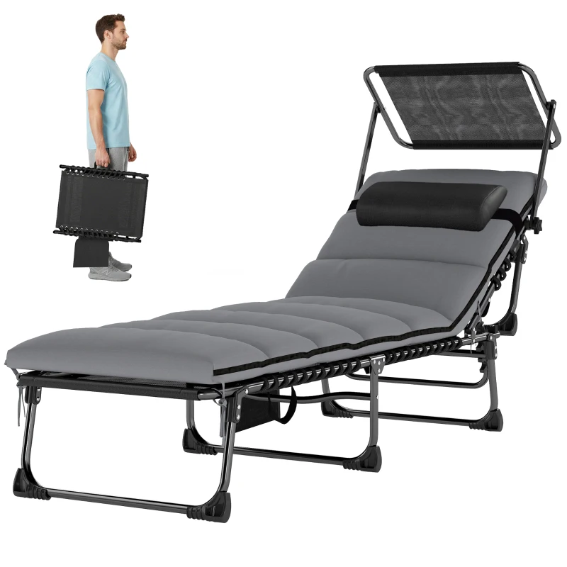 Outsunny Lounge Chair Outdoor, Folding Chaise Lounge with 5-Level Adjustable Back, Cushion, Side Pocket and Headrest