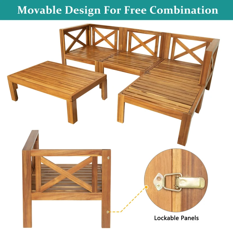 Casual Outdoor Sectional Sofa with Wood Frame & Cushions, Patio Seating Group for Backyard, 25.5" L x 25.5" W x 25.5" H, Beige