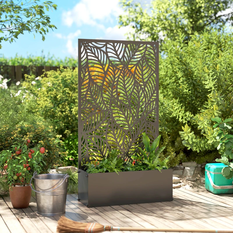 Outsunny Metal Planter Box with Trellis, 44.5" Raised Garden Bed with Trellis Privacy Screen for Climbing Plants, Leaves Cut-Out