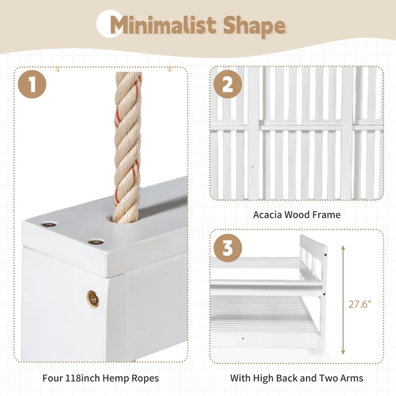 Twin Daybed Porch Swing with 4 Rope for Patio or Garden, Wood Swing Bench with Farmhouse Design, 82'' L x 40.5'' W x 27.5'' H, White