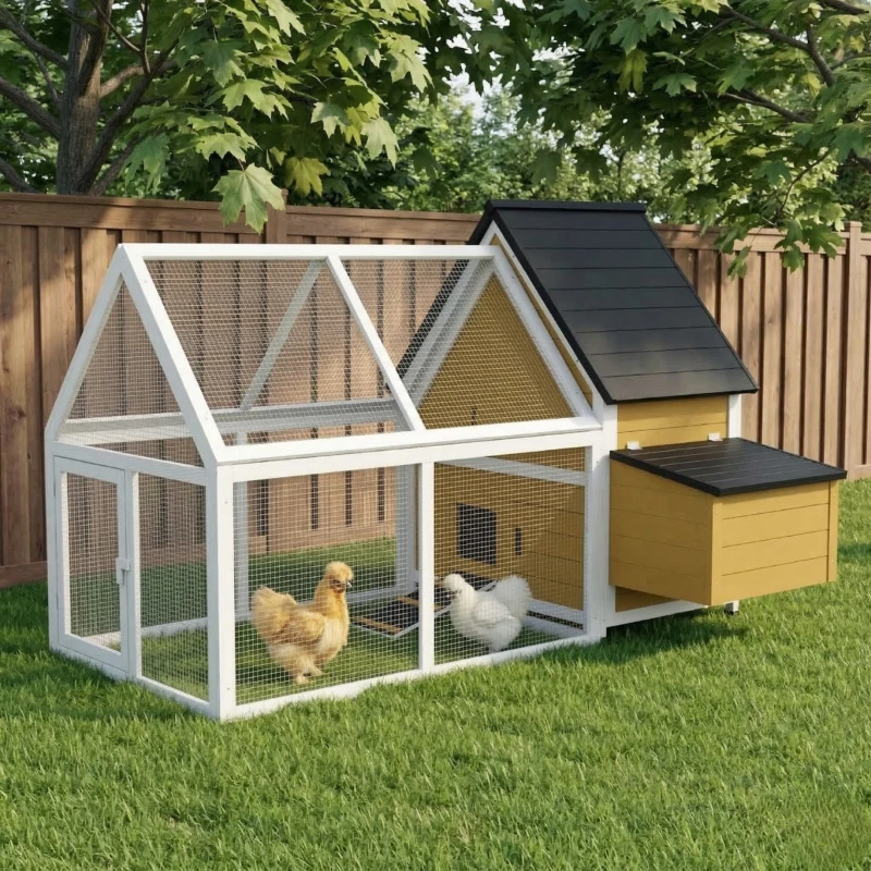 PawHut 65" Chicken Coop Wooden Chicken House Rabbit Hutch Poultry Cage Hen Pen Backyard with Nesting Box, Ramp, Run, Yellow