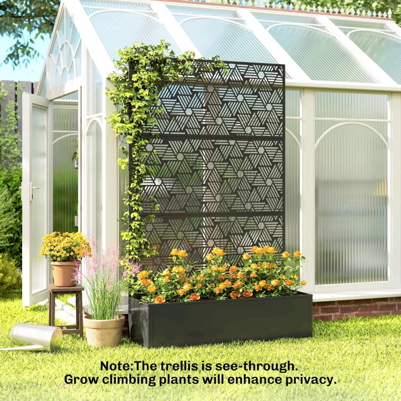 Outsunny Metal Planter Box with Trellis, 70" Tall Raised Garden Bed with Privacy Screen, Hexagon and Line Cut-Out