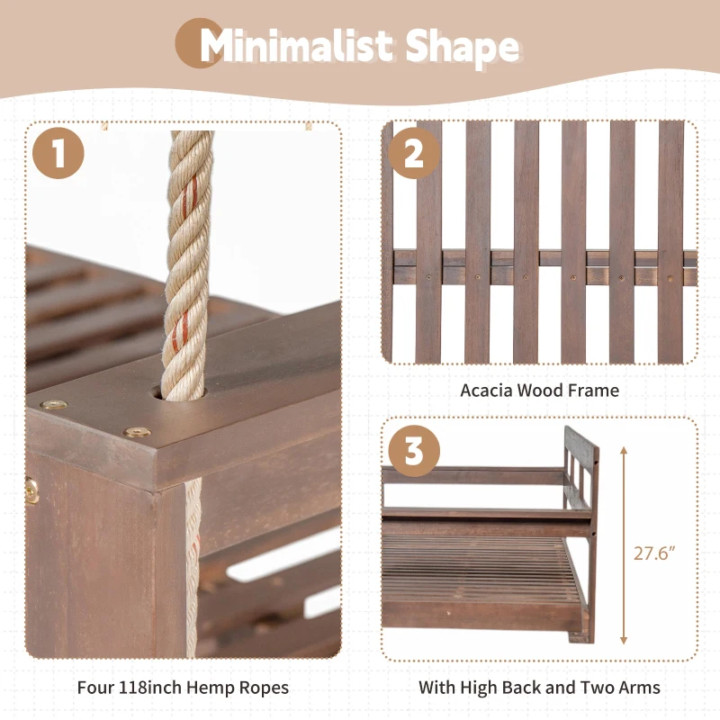 Twin Size Farmhouse Swing Daybed for Backyard Relaxation, Acacia Wood Porch Swing with 4 Hanging Rope, 82'' L x 40.5'' W x 27.5'' H, Brown