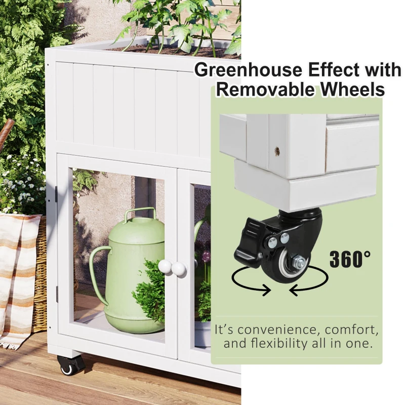 Mini Wood Cold Frame Greenhouse with Wheels for Patio, Elevated Garden Bed for Indoor Outdoor Use, 35.5" L x 17.5" W x 37.5" H, White