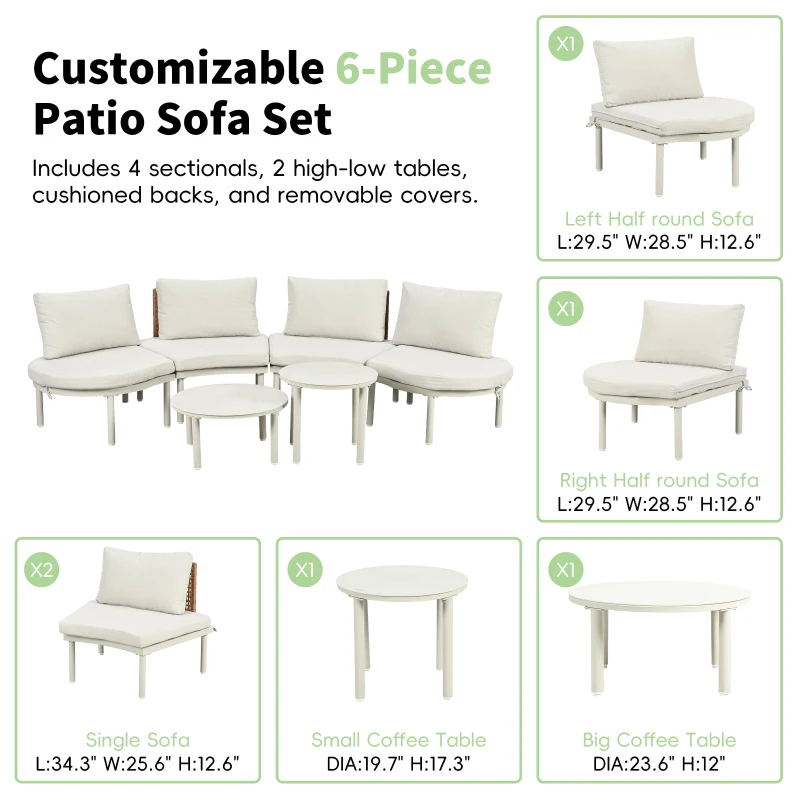 6-Piece Half Moon Patio Set with 2 Nesting Table for Backyard, Modular Wicker Sectional Sofa with Cushion, 34.5'' L x 25.5'' W x 12.5'' H, Beige