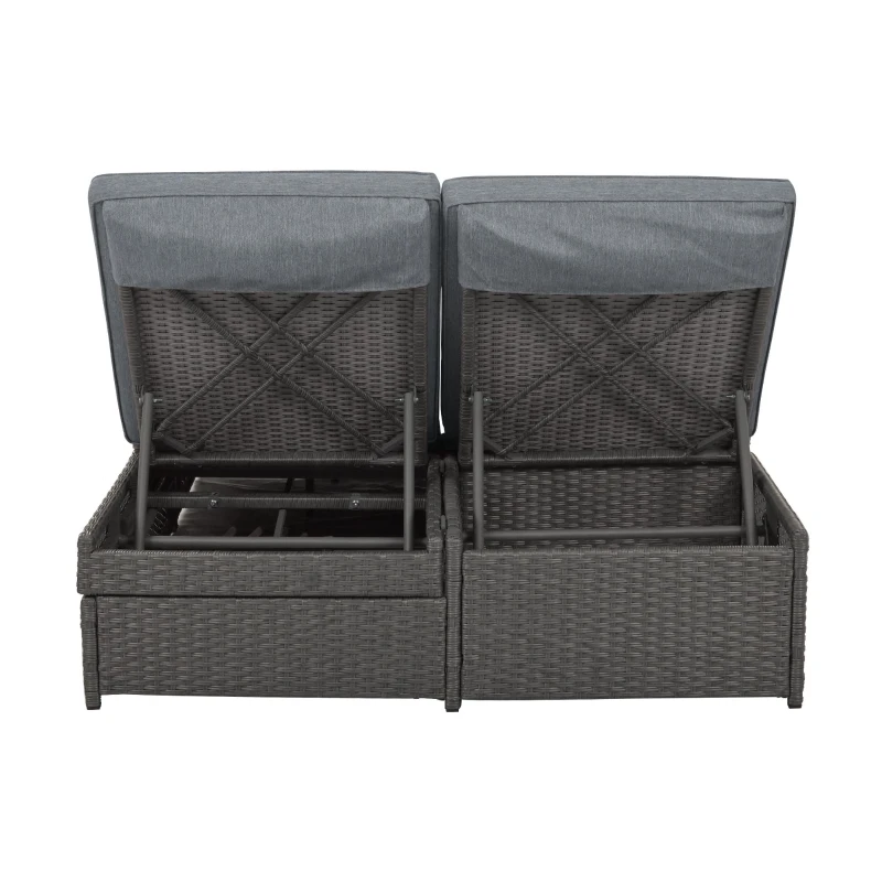 Outdoor Patio Sunbed with Adjustable Backrest & Side Tray, Wicker Rattan Lounger with Thick Cushion, 47" L x 29.5" W x 15" H, Gray