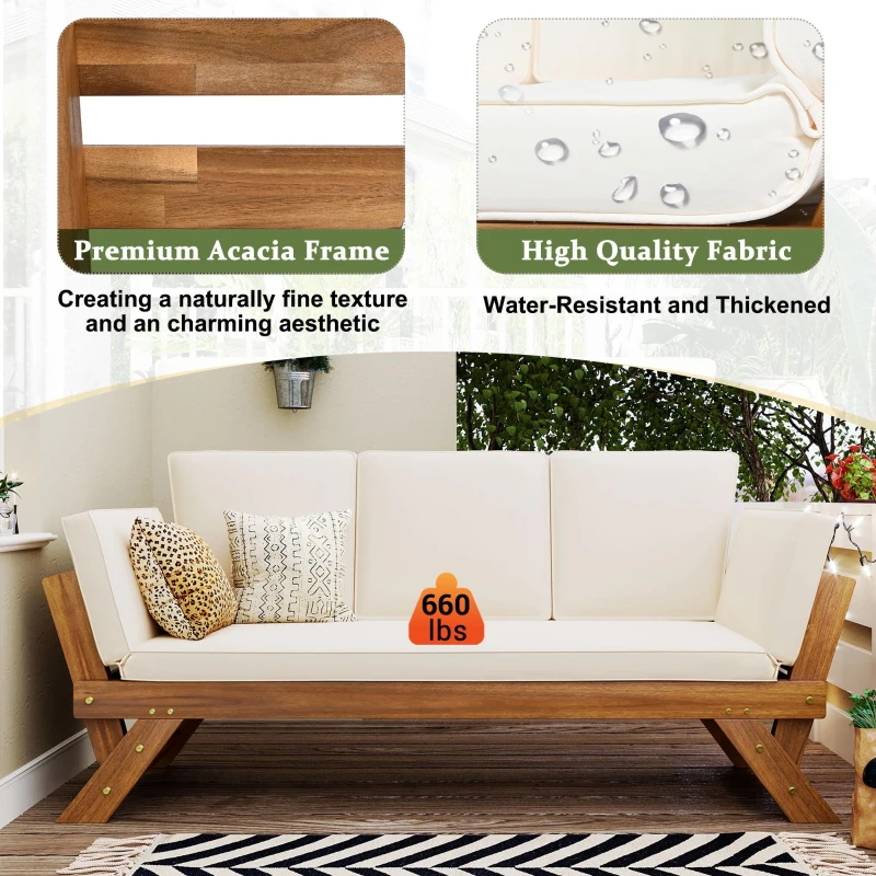 Expandable Acacia Wood Daybed with Cushions, Adjustable Patio Chaise Lounge for Compact Space, 78.5" L x 21.5" W x 32" H, Natural+Beige