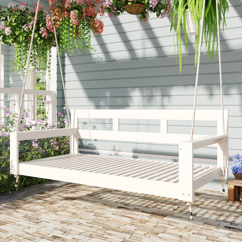 Twin Daybed Porch Swing with 4 Rope for Patio or Garden, Wood Swing Bench with Farmhouse Design, 82'' L x 40.5'' W x 27.5'' H, White