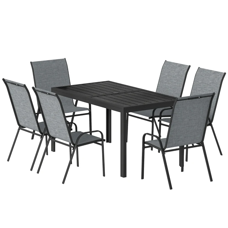 Outsunny Outdoor Dining Set for 6, Faux Wood Metal Patio Table and Mesh Stackable Chairs with Umbrella Hole, Mixed Grey