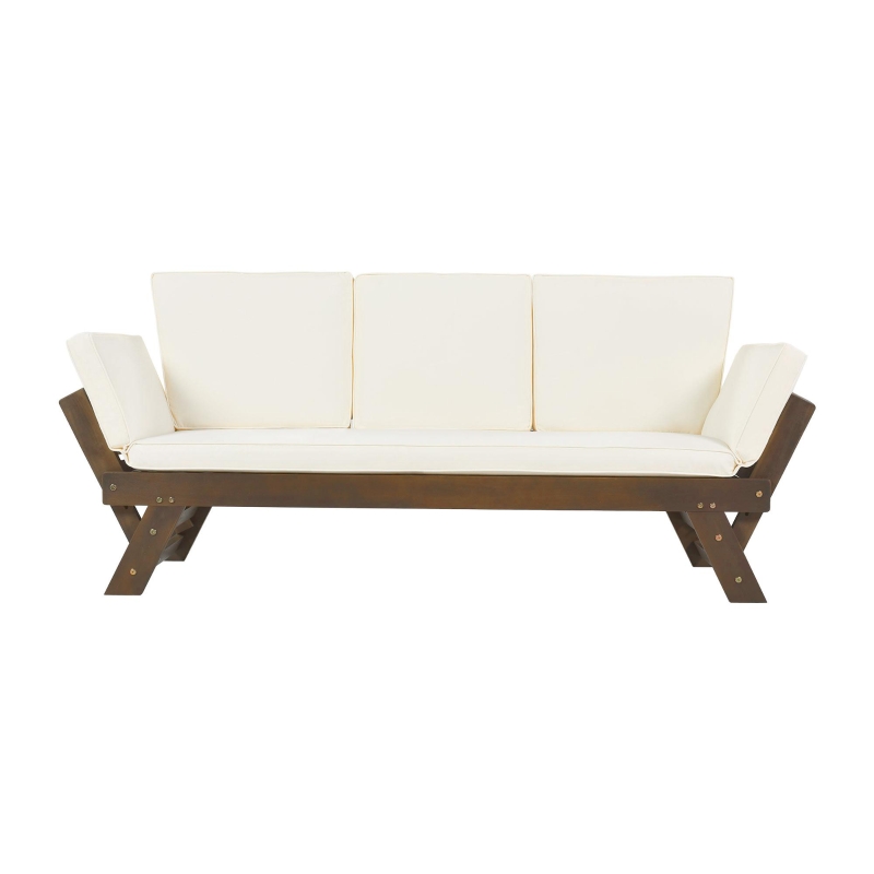 Expandable Acacia Wood Daybed with Cushions, Adjustable Patio Chaise Lounge for Compact Space, 78.5" L x 21.5" W x 32" H, Beige