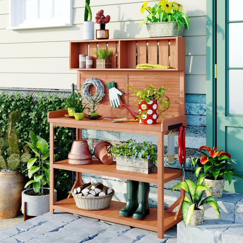 Rustic Wooden Potting Bench with 4 Storage Shelf & Side Hook, Outdoor Garden Workstation for Patio, 47'' L x 19.5'' W x 65'' H, Natural
