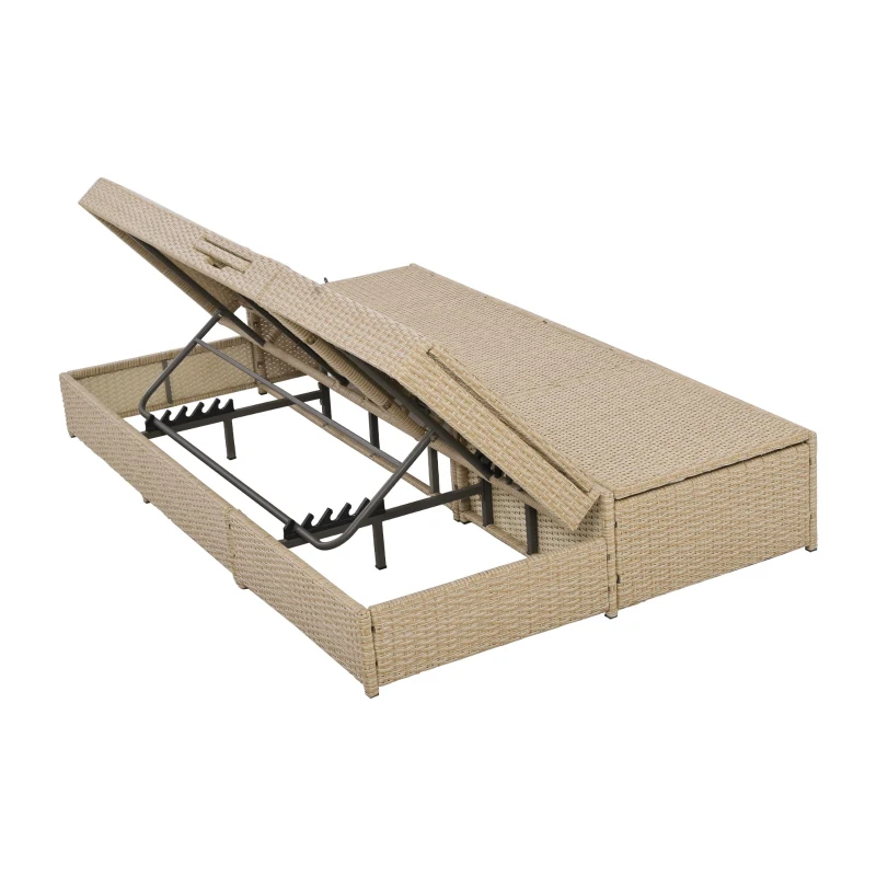 Outdoor Patio Sunbed with Adjustable Backrest & Side Tray, Wicker Rattan Lounger with Thick Cushion, 47" L x 29.5" W x 15" H, Brown