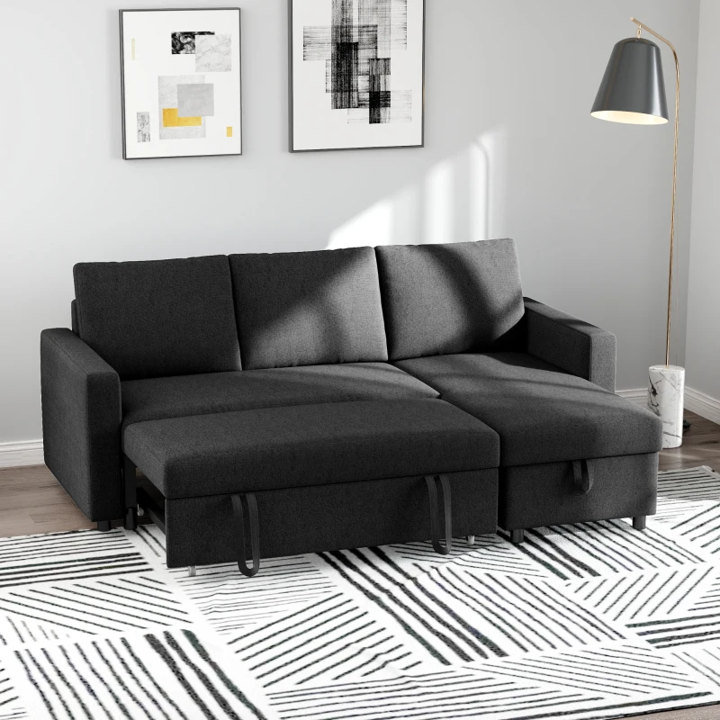 HOMCOM Convertible Corner Sofa Bed, Built-In Storage & 3 Removable Back Cushions, Black