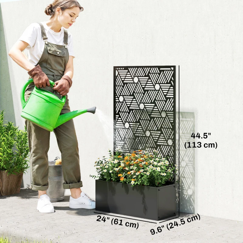 Outsunny Metal Planter Box with Trellis, 44.5" Tall Raised Garden Bed with Privacy Screen, Hexagon and Line Cut-Out