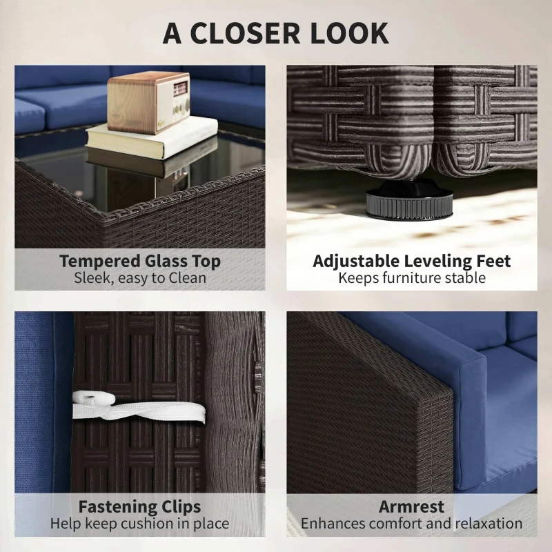 Outsunny 7 Piece Patio Furniture Set, All Weather PE Rattan Outdoor Furniture Conversation Sets with Glass Top Coffee Table