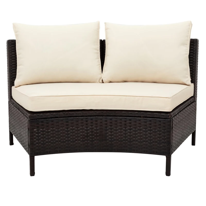 5 Piece Half-Moon Patio Sectional with Glass Table, All-Weather Wicker Sofa with Thick Cushions, 47.5" L x 27" W x 27" H, Beige