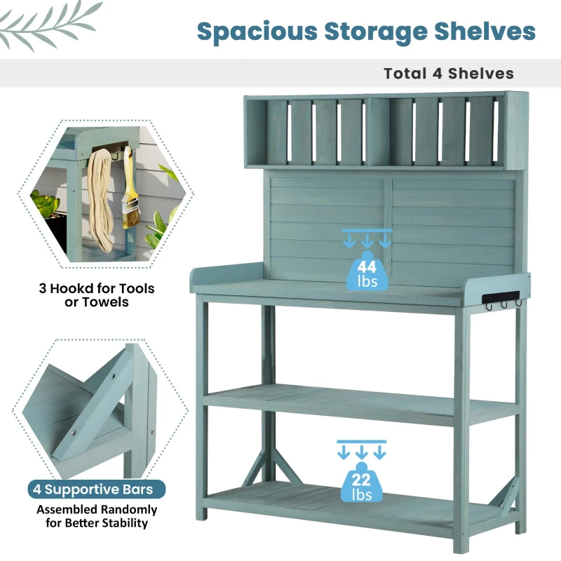 Outdoor Potting Bench with 4 Storage Shelf & Side Hook, Rustic Garden Workstation with Fir Wood Frame, 47'' L x 19.5'' W x 65'' H, Green