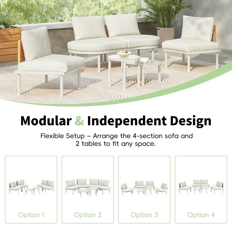 6-Piece Half Moon Patio Set with 2 Nesting Table for Backyard, Modular Wicker Sectional Sofa with Cushion, 34.5'' L x 25.5'' W x 12.5'' H, Beige