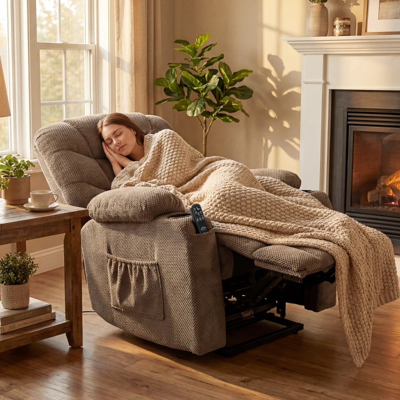 HOMCOM Power Recliner Chair with Massage, Electric Lift Chair for Elderly with Side Pockets, Cup Holders, Remote, Brown