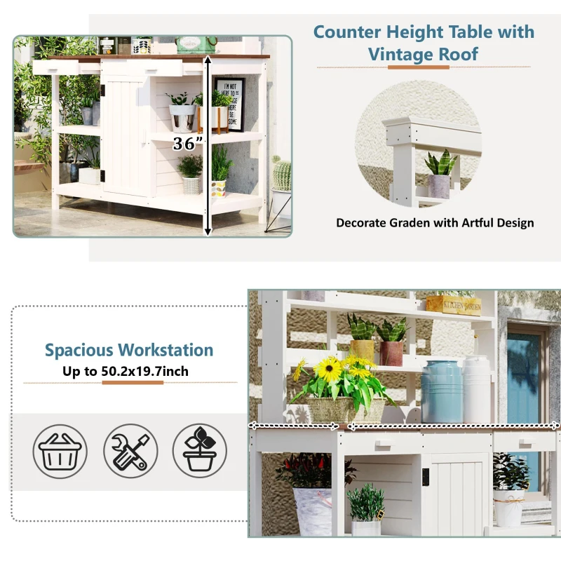 Large Wooden Potting Bench with 2 Drawer, Cabinet, Open Shelf, Farmhouse Garden Workstation for Backyard, 50'' L x 19.5'' W x 66'' H, White
