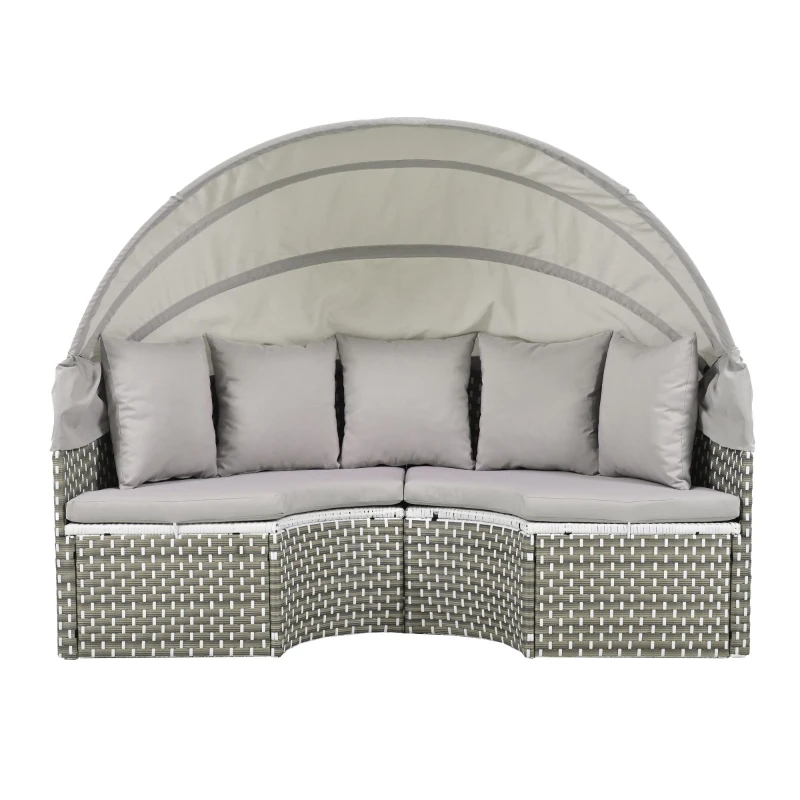 Round Rattan Patio Daybed with Retractable Canopy and Table, Versatile Sunbed with Separate Garden Seating, 66.5" L x 65" W x 53.5" H, Gray