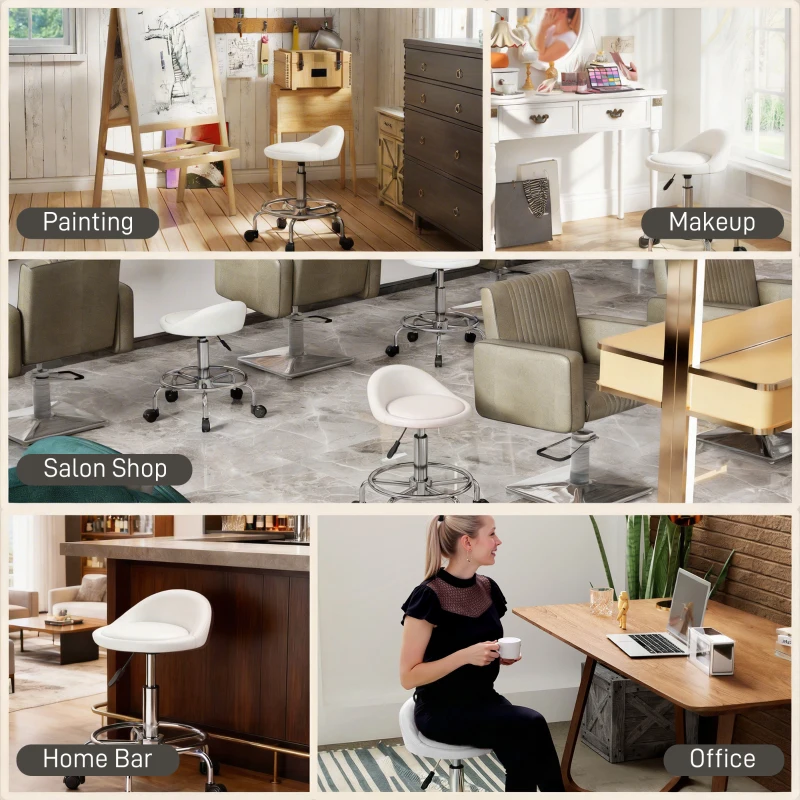 HOMCOM PU Leather Rolling Stool, Height Adjustable Swivel Salon Chair with Backrest and Foot Rest for Spa, Tattoo, White