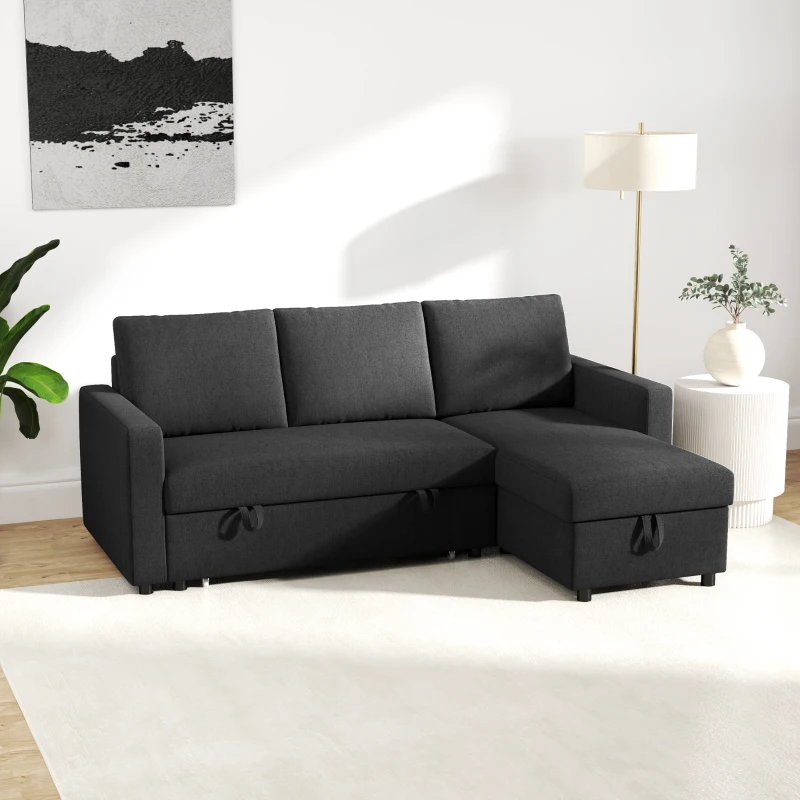 HOMCOM Convertible Corner Sofa Bed, Built-In Storage & 3 Removable Back Cushions, Black