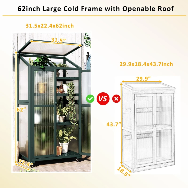 Portable Wood Greenhouse with Wheels & 3-Tier Shelf, Solid Wood Frame with Openable Roof for Balcony, 31.5'' L x 22.5'' W x 62'' H, Green