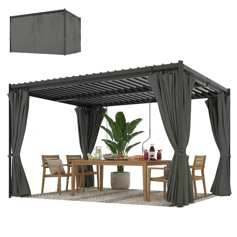 Outsunny 10 x 13 ft Louvered Pergola with Steel Roof, Curtains, Outdoor Metal Pergola Gazebo with Drainage Gutters, Grey