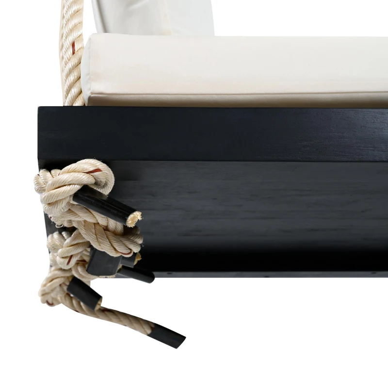 Acacia Wood Porch Swing with Plush Cushion & 2 Throw Pillow, Hanging Swing Bench for Garden & Backyard, 63'' L x 23.5'' W x 2'' H, Black